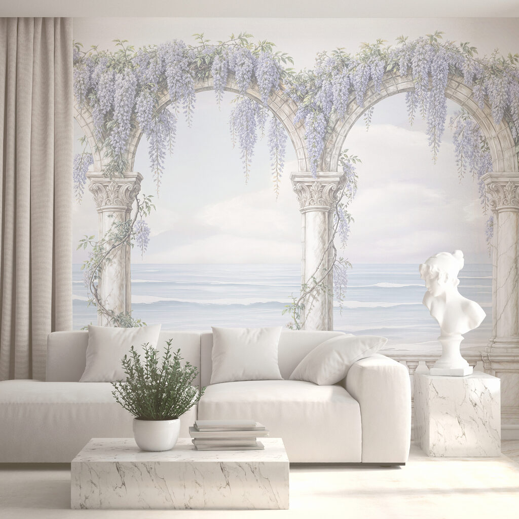 Arco blanco con flores moradas Arco blanco con flores moradas