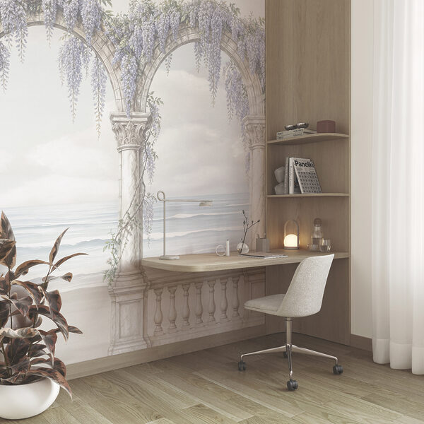 Arco blanco con flores moradas Arco blanco con flores moradas