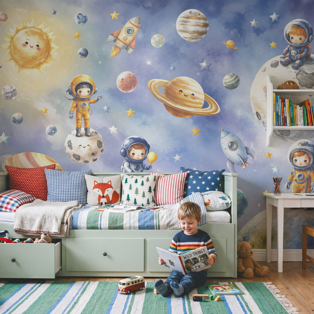 Grupo de astronautas y planetas de dibujos animados Grupo de astronautas y planetas de dibujos animados
