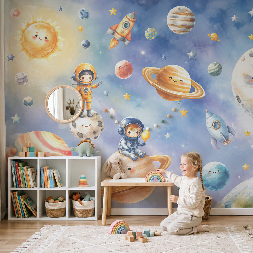 Grupo de astronautas y planetas de dibujos animados Grupo de astronautas y planetas de dibujos animados