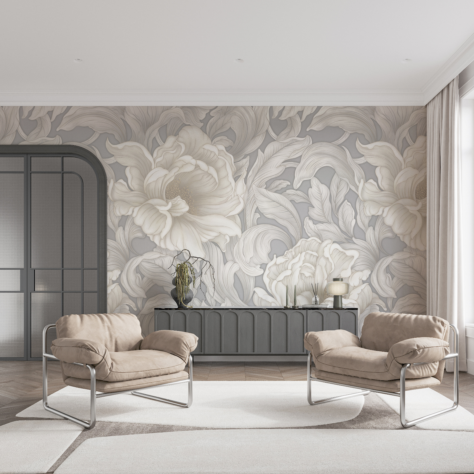 Papel pintado con flores y hojas Papel pintado con flores y hojas