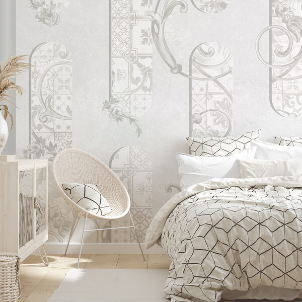 Papel pintado blanco con motivos florales Papel pintado blanco con motivos florales