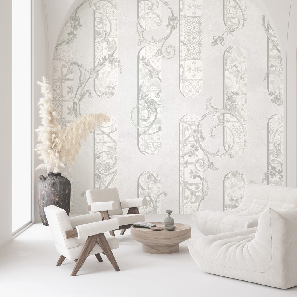 Papel pintado blanco con motivos florales Papel pintado blanco con motivos florales
