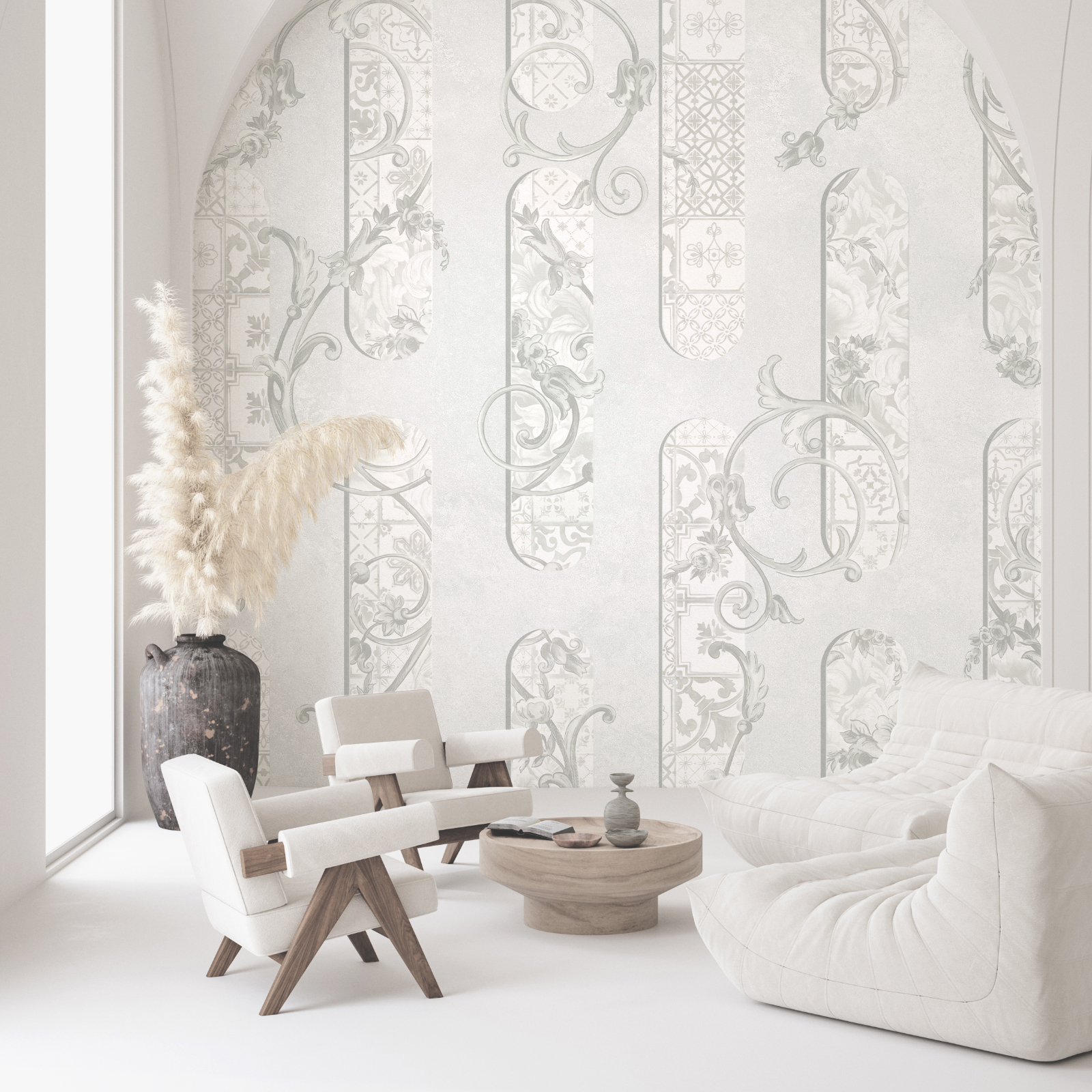 Papel pintado blanco con motivos florales Papel pintado blanco con motivos florales