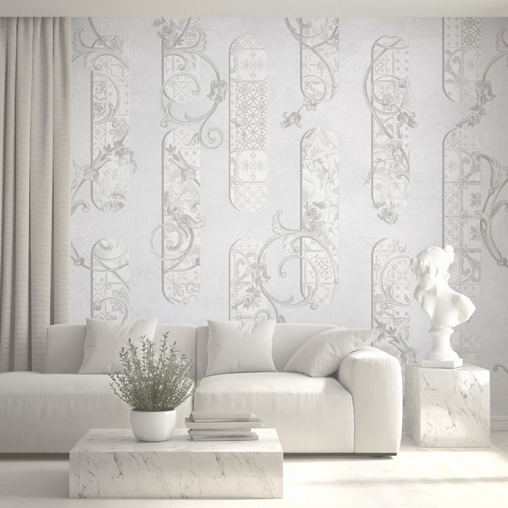 Papel pintado blanco con motivos florales Papel pintado blanco con motivos florales