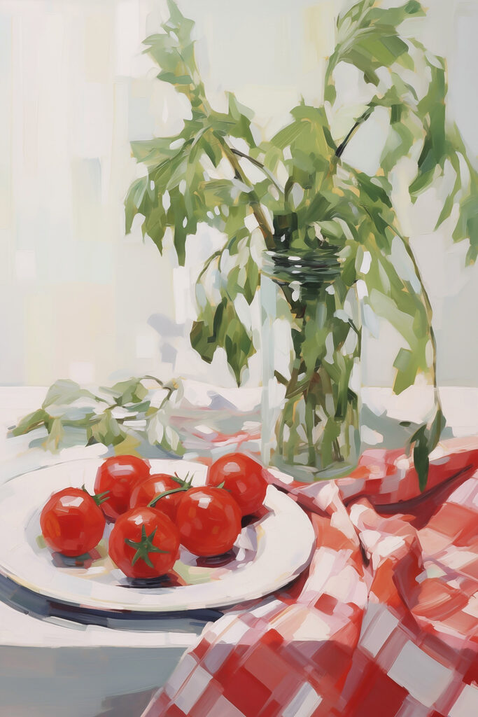 Painting of tomatoes on a plate next to a vase of green leaves Painting of tomatoes on a plate next to a vase of green leaves
