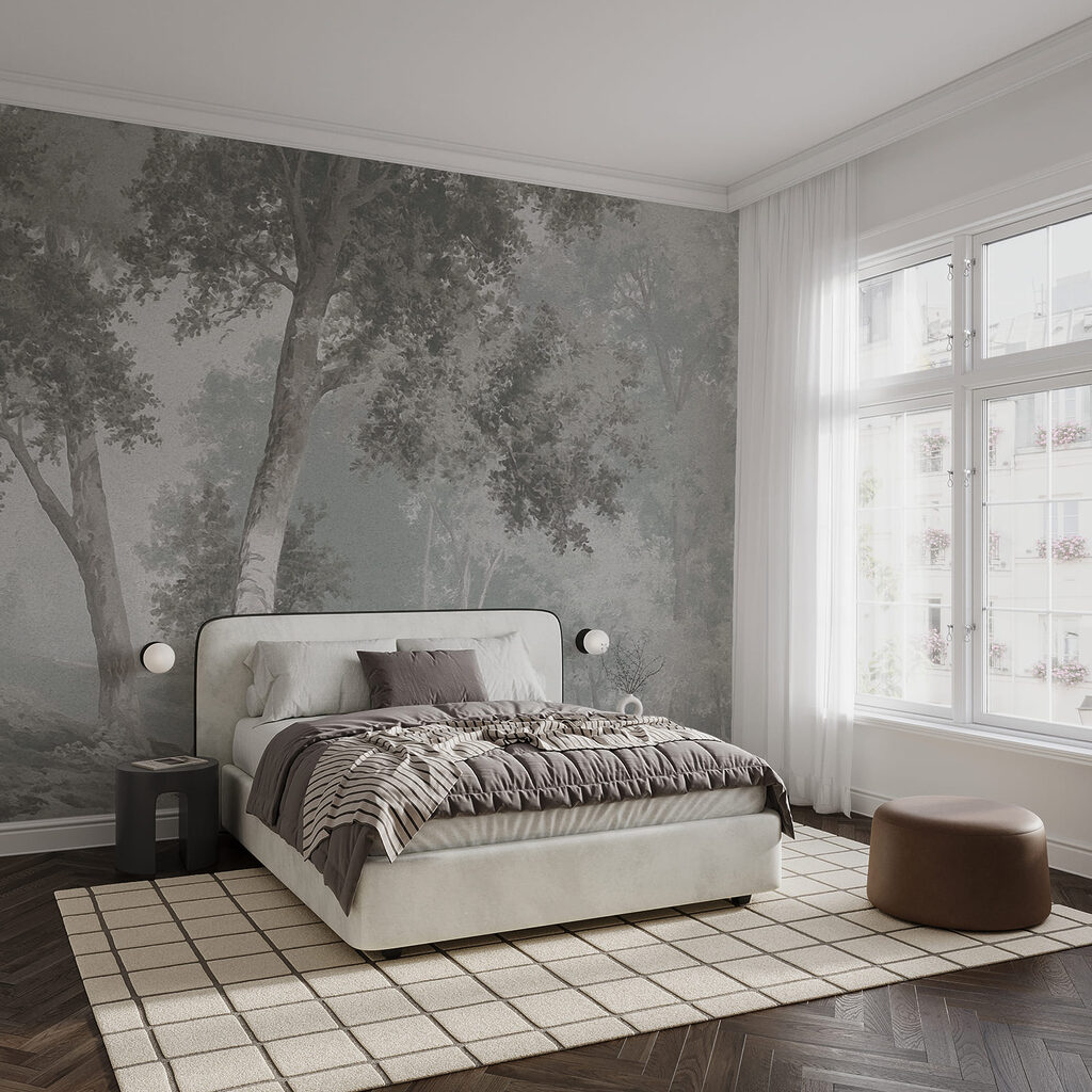 Paisaje gris y blanco con árboles y un río Paisaje gris y blanco con árboles y un río