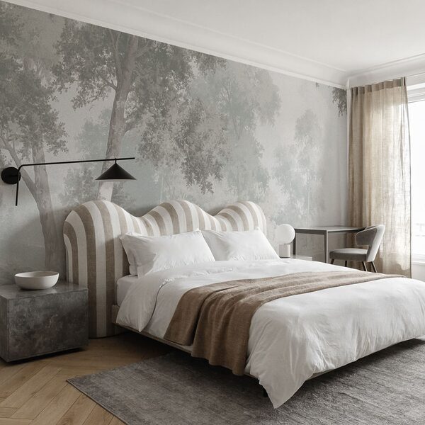 Paisaje gris y blanco con árboles y un río Paisaje gris y blanco con árboles y un río