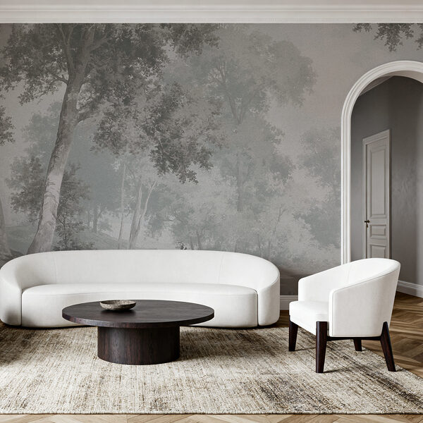 Paisaje gris y blanco con árboles y un río Paisaje gris y blanco con árboles y un río