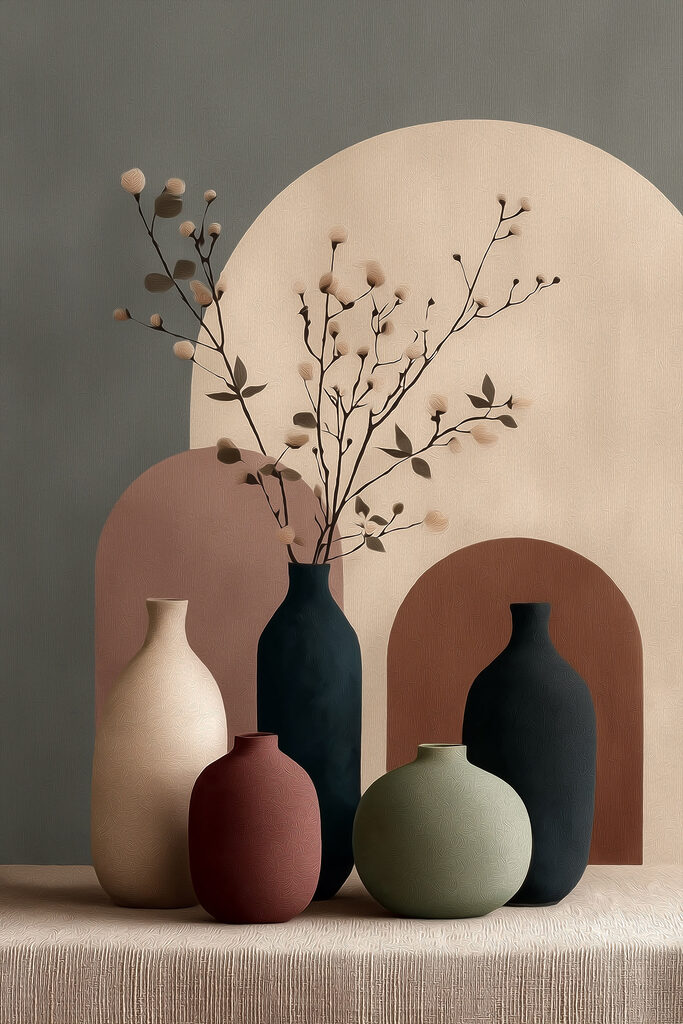 Group of vases with flowers in them