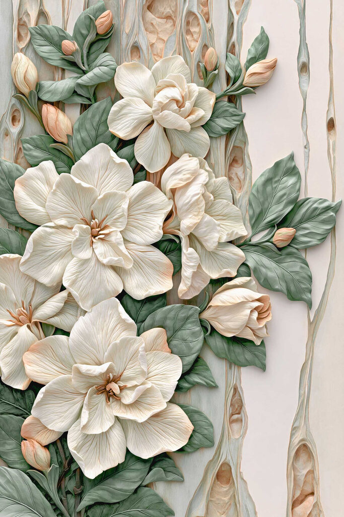 Group of white flowers with green leaves Group of white flowers with green leaves
