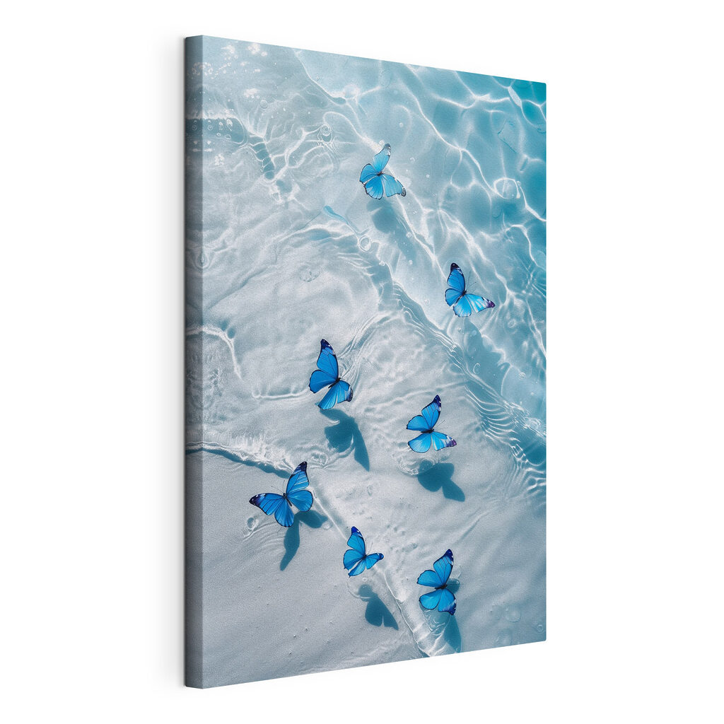 A group of blue butterflies floating on water A group of blue butterflies floating on water
