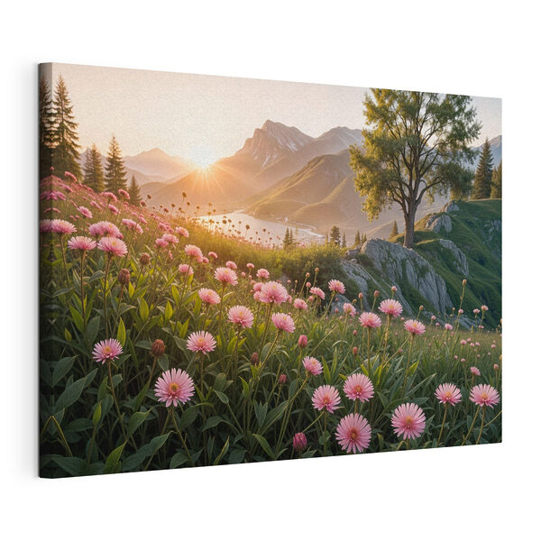 Cuadros Cuadros Campo de flores rosas con un árbol y montañas al fondo (SKU: s40154)