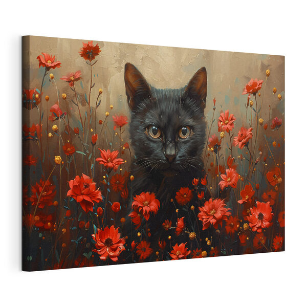 Un gato negro en un campo de flores rojas Cuadros Un gato negro en un campo de flores rojas