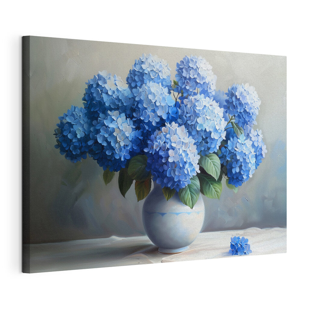 A painting of blue flowers in a vase