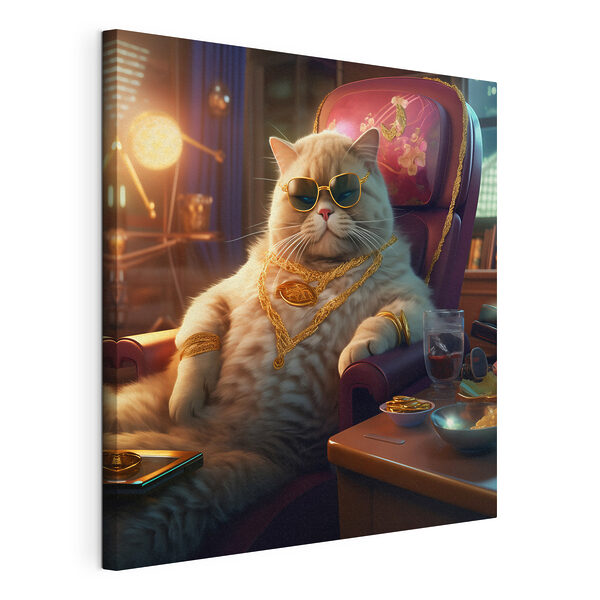 Un gato con gafas de sol y un collar, sentado en una silla Cuadros Un gato con gafas de sol y un collar, sentado en una silla