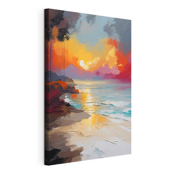 Cuadros Un cuadro de una playa con palmeras y una puesta de sol