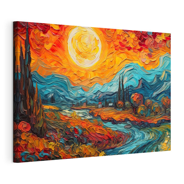 Un cuadro que representa un paisaje con un río y montañas Cuadros Un cuadro que representa un paisaje con un río y montañas