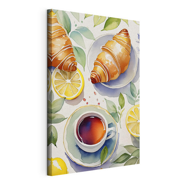 Acuarela de un croissant y una taza de té Cuadros Acuarela de un croissant y una taza de té