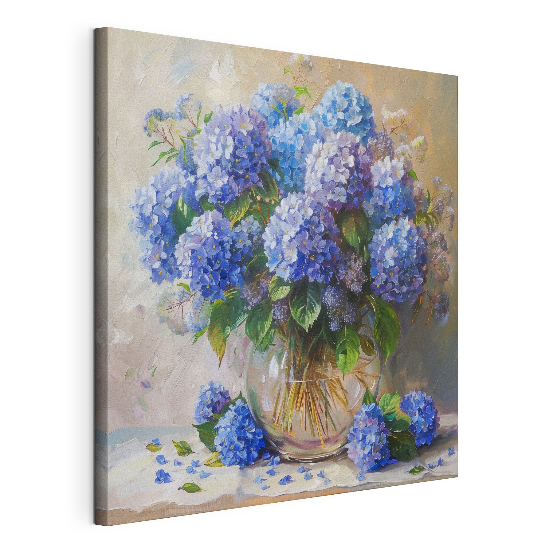 A painting of a vase of blue flowers A painting of a vase of blue flowers