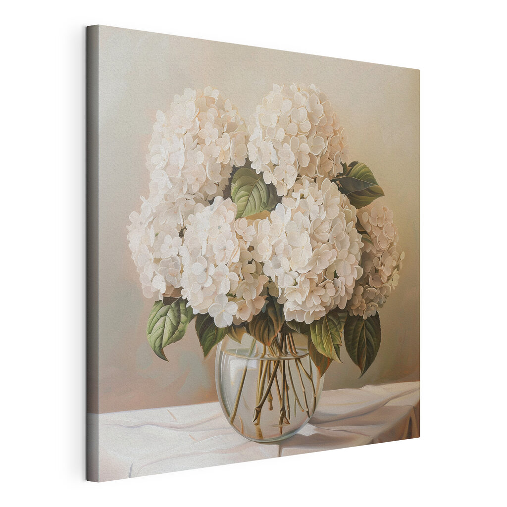 A painting of a bouquet of white flowers in a glass vase