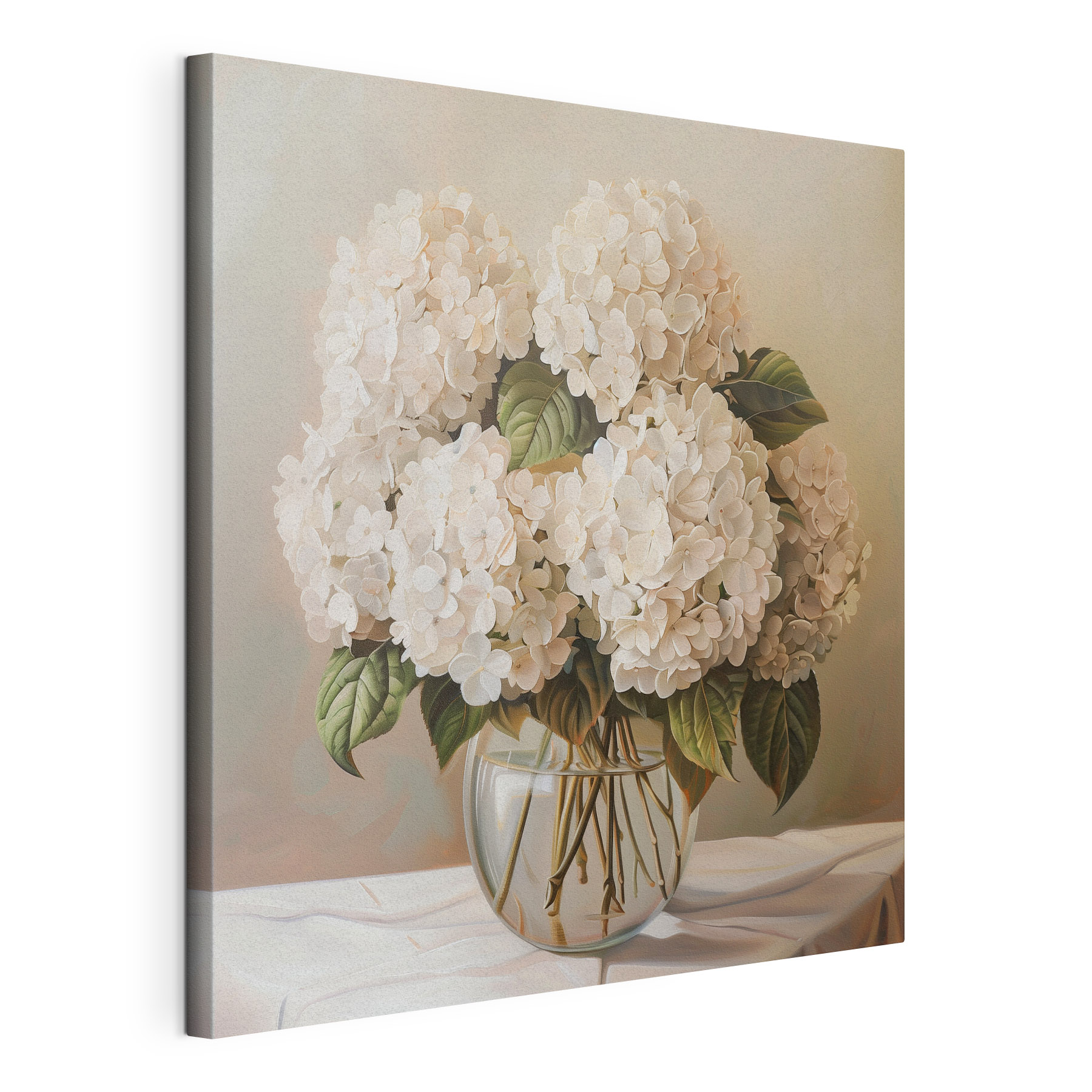 A painting of a bouquet of white flowers in a glass vase