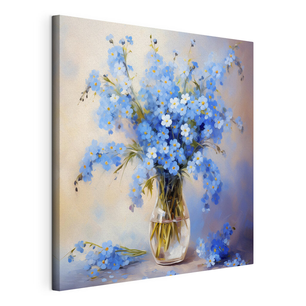 A painting of blue flowers in a vase A painting of blue flowers in a vase