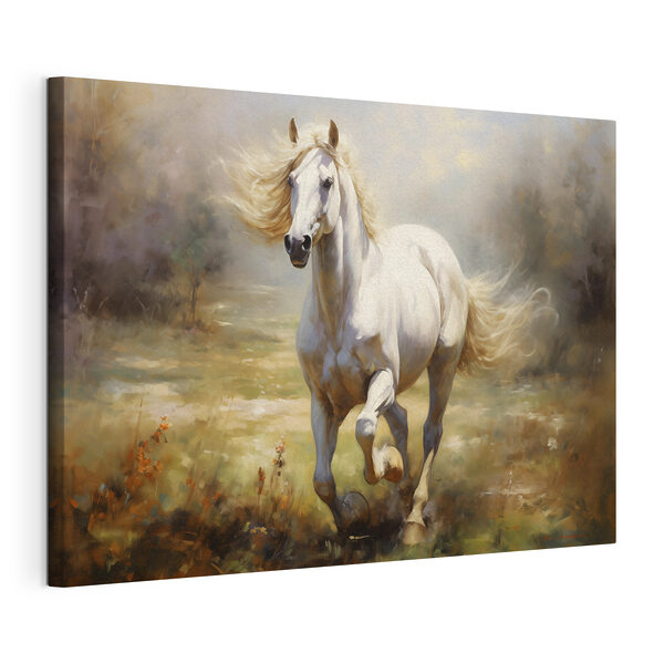 Cuadros Un caballo blanco corriendo por un campo
