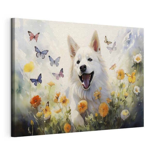 Cuadros Perro blanco con mariposas en un campo de flores (SKU: s39936) Cuadros Cuadros Perro blanco con mariposas en un campo de flores (SKU: s39936)