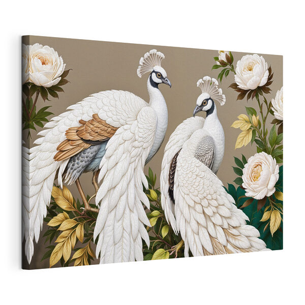 Cuadros Una pareja de pavos reales blancos en una rama con flores (SKU: s40022) Cuadros Cuadros Una pareja de pavos reales blancos en una rama con flores (SKU: s40022)