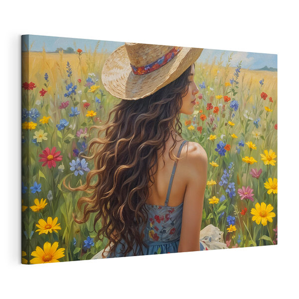 Una mujer con sombrero en un campo de flores Cuadros Una mujer con sombrero en un campo de flores