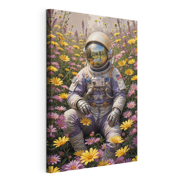 Un astronauta sentado en un campo de flores Cuadros Un astronauta sentado en un campo de flores