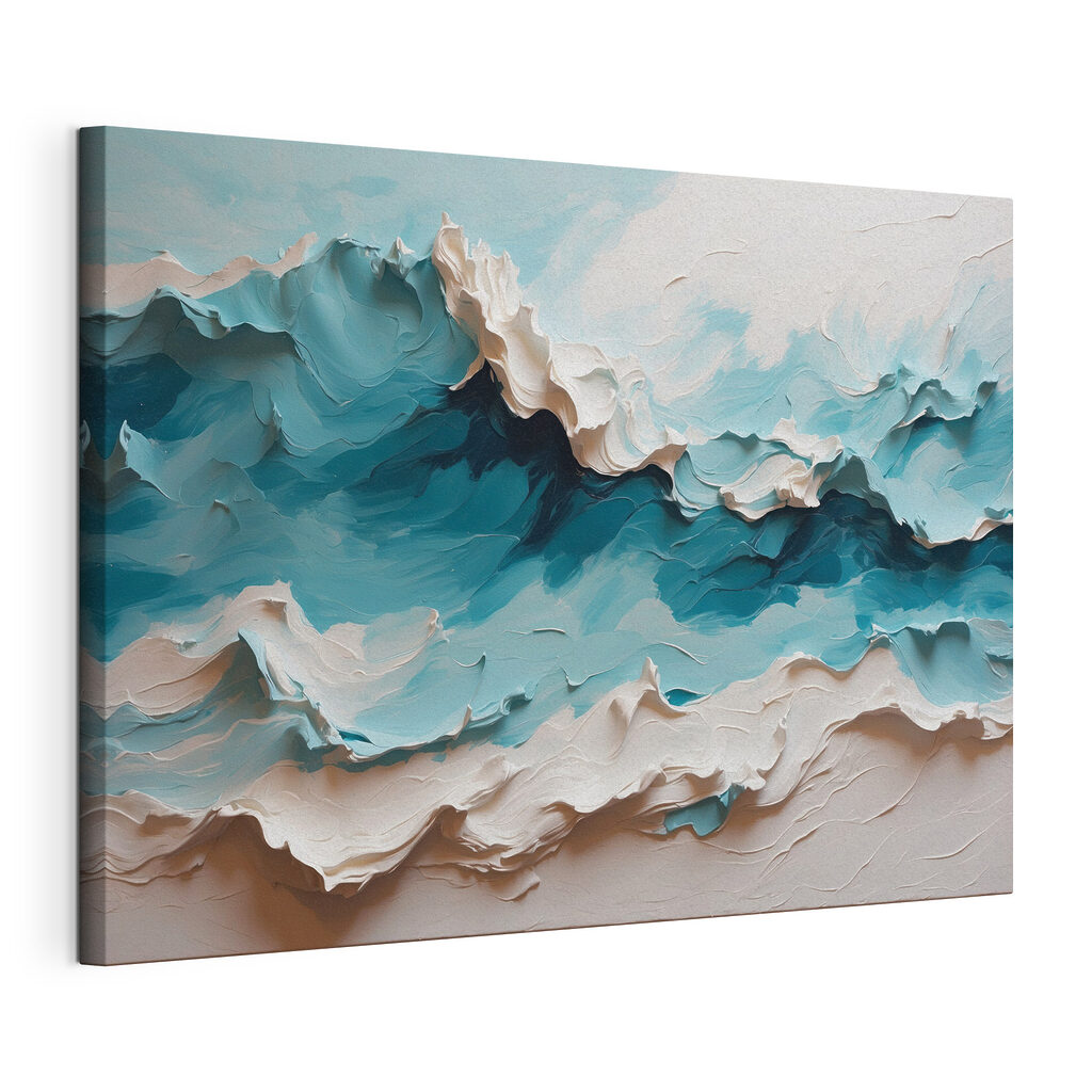 Painting of a mountain with white and blue waves
