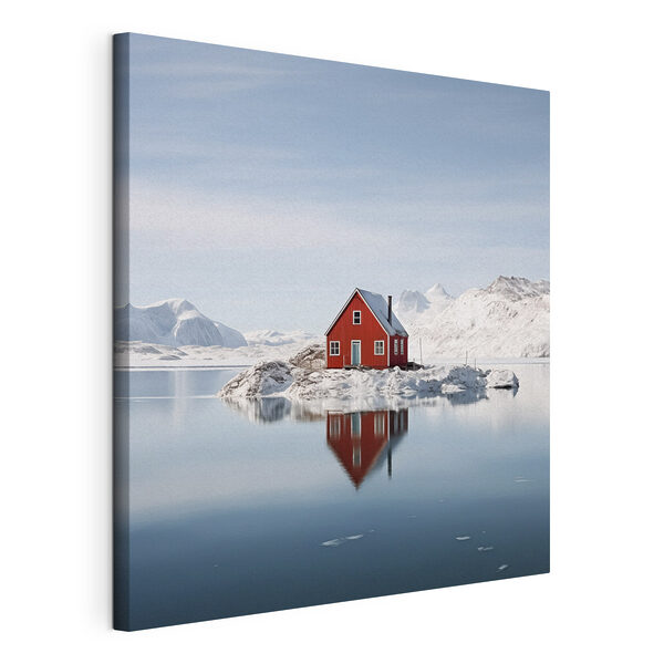Cuadros Una casa roja en una isla rodeada de agua, con montañas nevadas al fondo (SKU: s41437) Cuadros Cuadros Una casa roja en una isla rodeada de agua, con montañas nevadas al fondo (SKU: s41437)