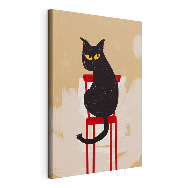 Un gato negro sentado en una silla roja Cuadros Un gato negro sentado en una silla roja