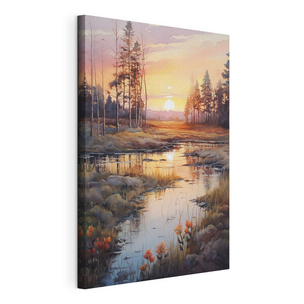 Acuarela de un río con árboles y una puesta de sol Cuadros Acuarela de un río con árboles y una puesta de sol