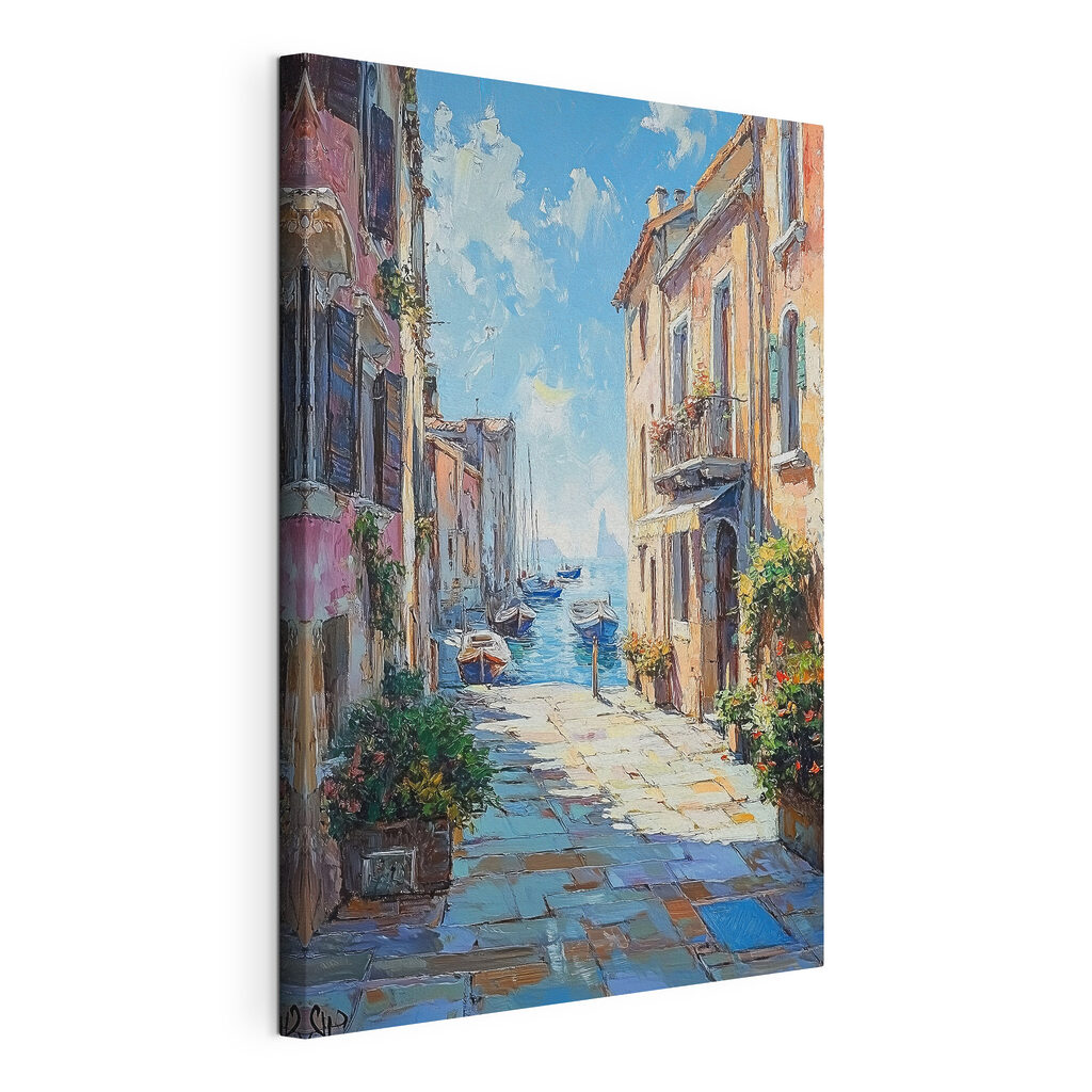 Painting of a street with boats and buildings