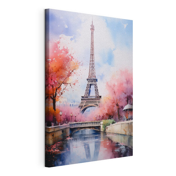 Cuadros Cuadros Acuarela de una torre con flores rosas y un puente (SKU: s42079)