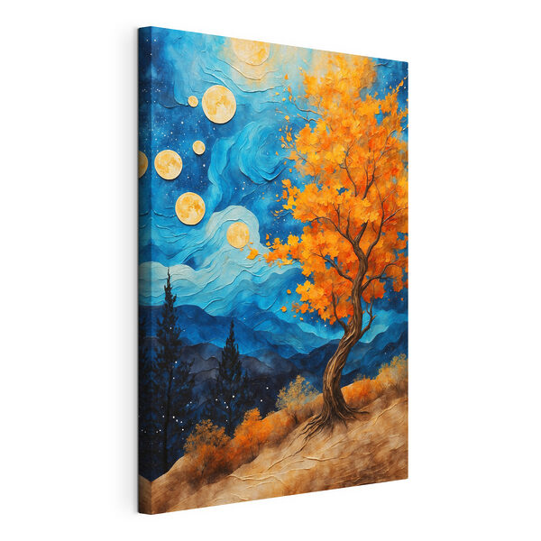 Cuadro de un árbol con hojas naranjas y montañas azules Cuadros Cuadro de un árbol con hojas naranjas y montañas azules