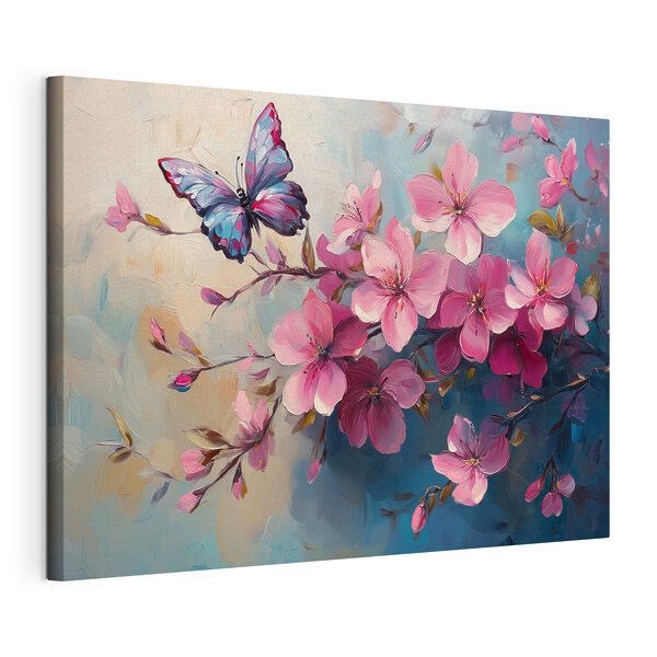 Una mariposa en una rama de flores rosas Cuadros Una mariposa en una rama de flores rosas