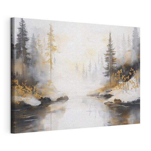 Cuadros Cuadros Acuarela de un río con árboles y niebla (SKU: s42375)