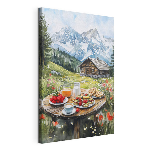 Cuadros Mesa con comida y bebida delante de una montaña
