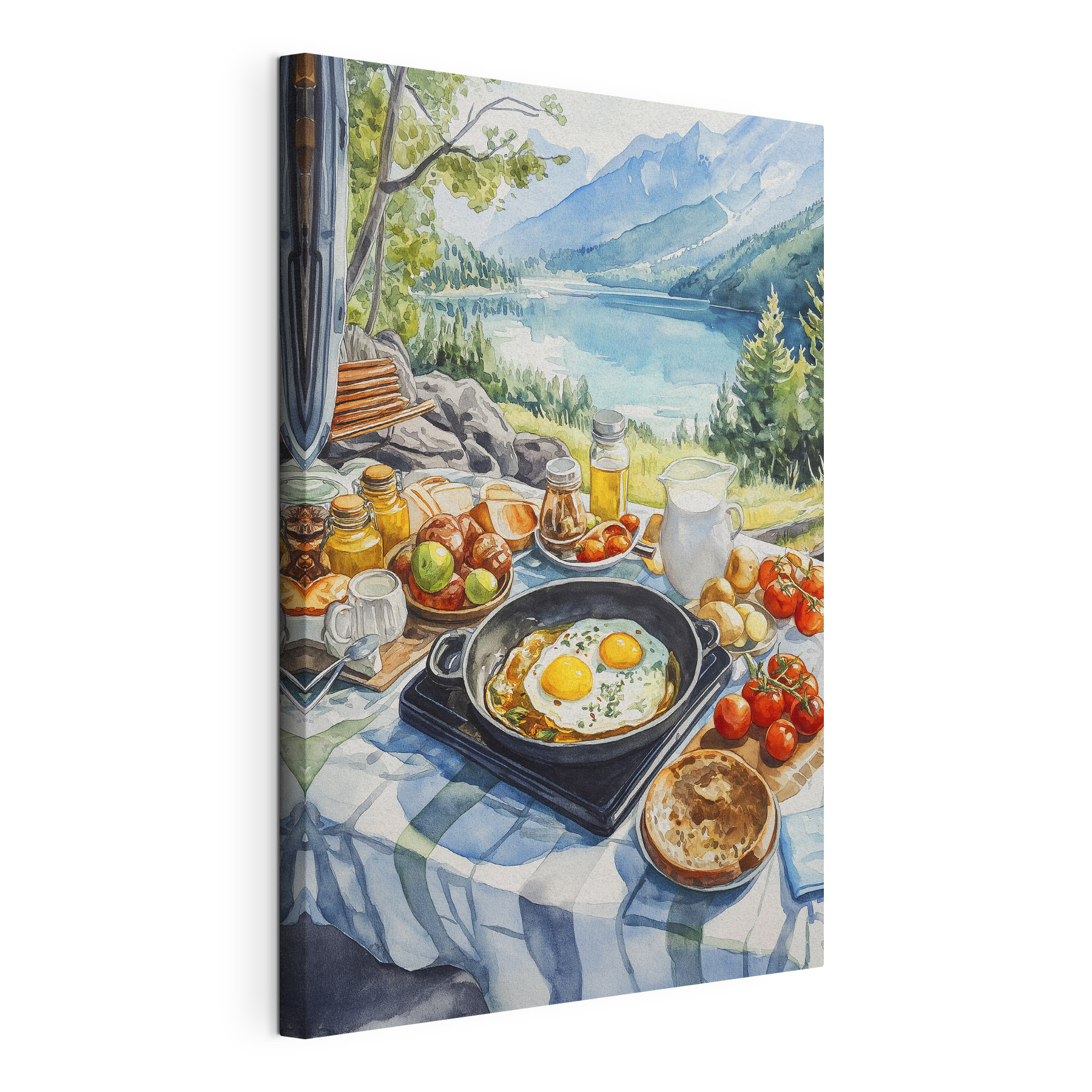 Pan of food and a pan of eggs on a table with a lake in the background Pan of food and a pan of eggs on a table with a lake in the background