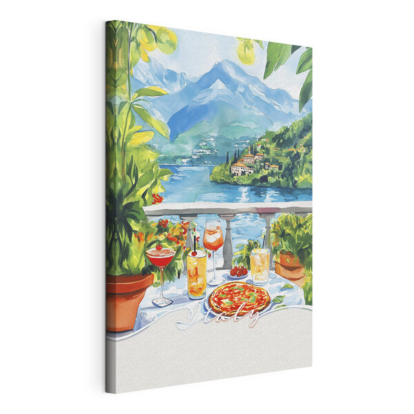 Cuadros Cuadros Acuarela de una mesa con bebidas y vistas a un lago (SKU: s42434)