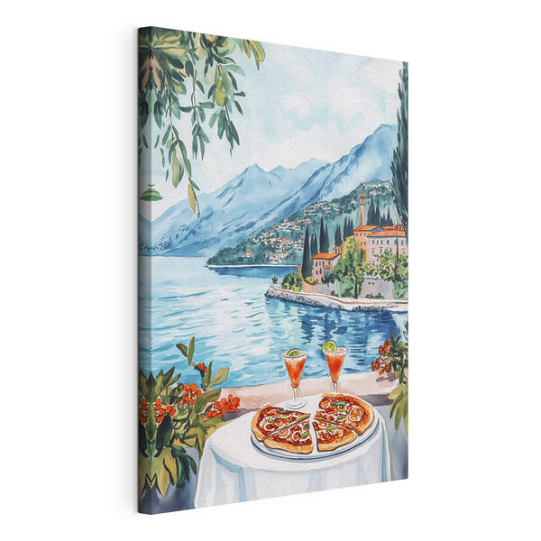 Acuarela de una mesa con comida y un lago al fondo Cuadros Acuarela de una mesa con comida y un lago al fondo