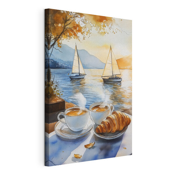 Acuarela de dos tazas de café y un croissant sobre una mesa Cuadros Acuarela de dos tazas de café y un croissant sobre una mesa