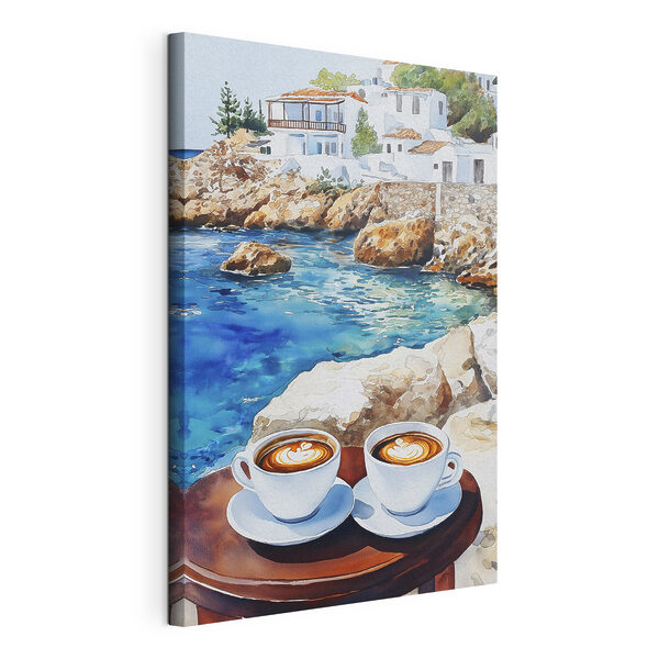Dos tazas de café sobre una mesa junto a un estanque Cuadros Dos tazas de café sobre una mesa junto a un estanque