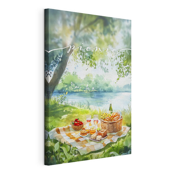 Cuadros Cuadros Acuarela que representa un picnic con comida y vino sobre una manta a orillas de un lago (SKU: s42450)