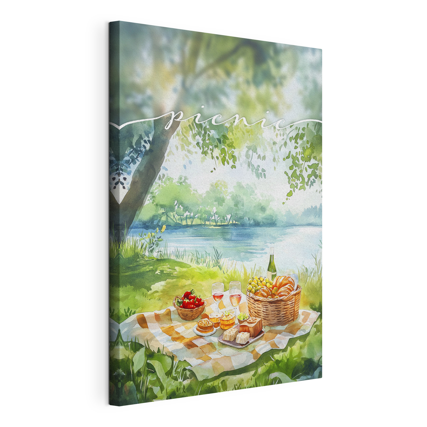 Watercolor painting of a picnic with food and wine on a blanket by a lake Watercolor painting of a picnic with food and wine on a blanket by a lake