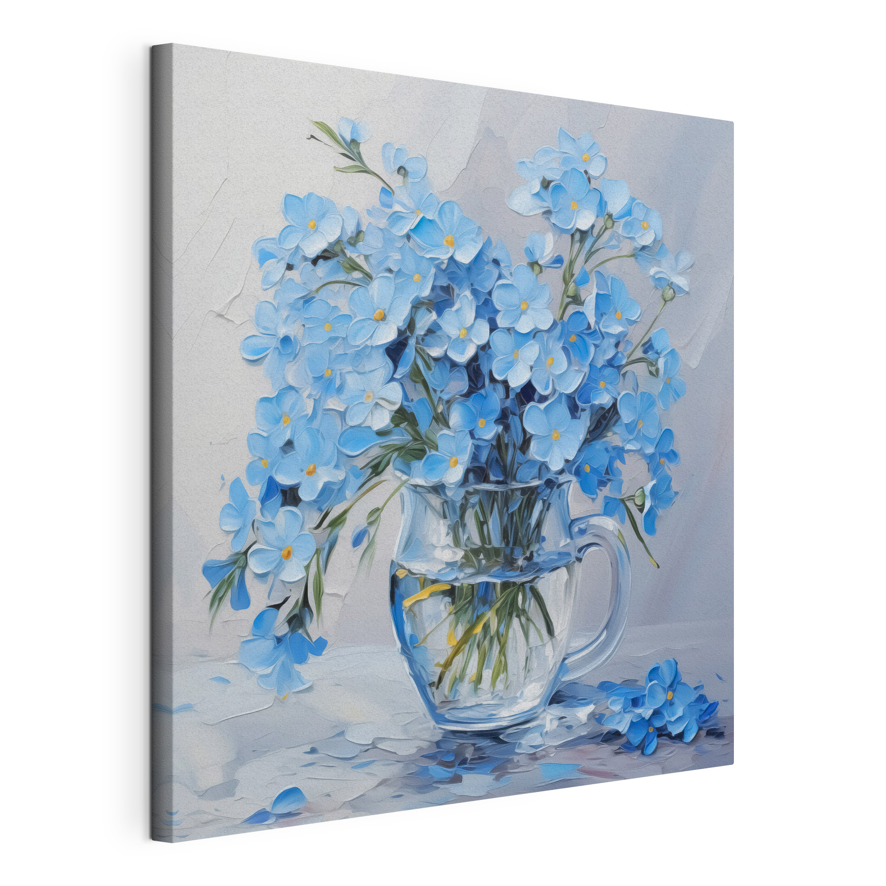 Painting of blue flowers in a glass vase Painting of blue flowers in a glass vase